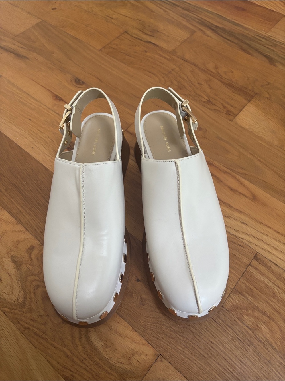 Michael Kors Esra Studded Clogs Mules White Leather Slingback Wood Platform 9